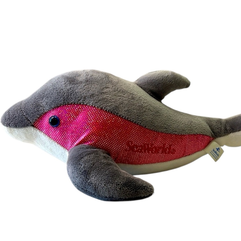 Sea World Gray Pink Glitter Shimmer Dolphin 16" Plush Blue Eyes 2015 Souvenir